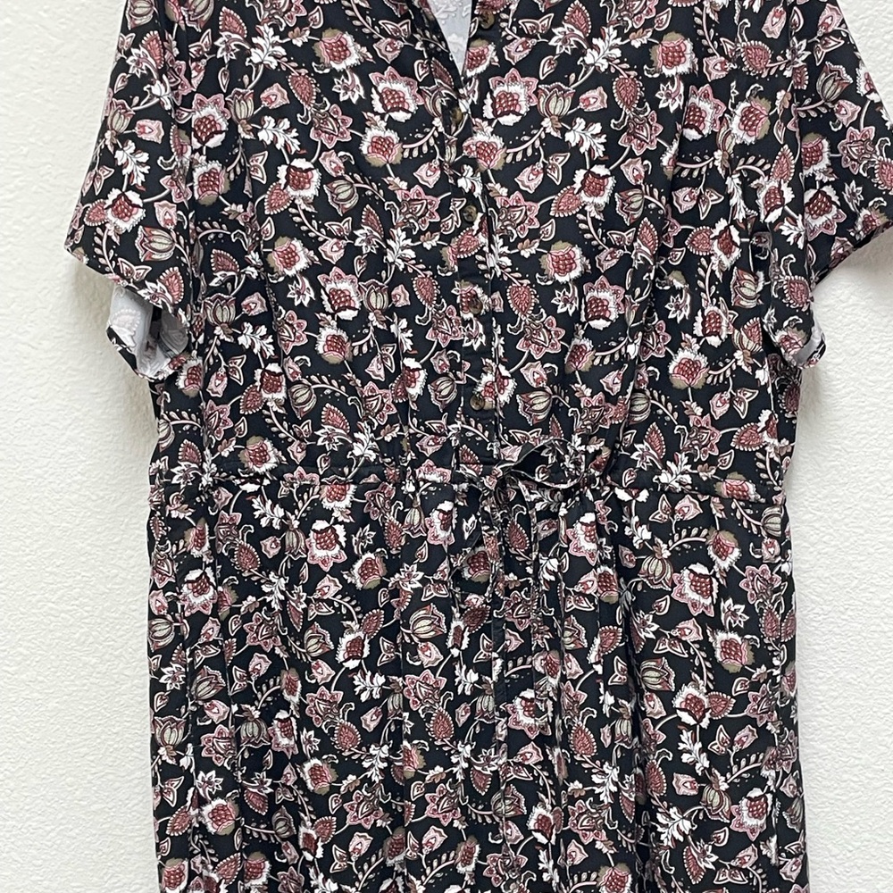 Lands’ End Women’s 1X 16W 18W Cinched Waist 1/2 Button Down Black Floral Dress - Picture 3 of 6